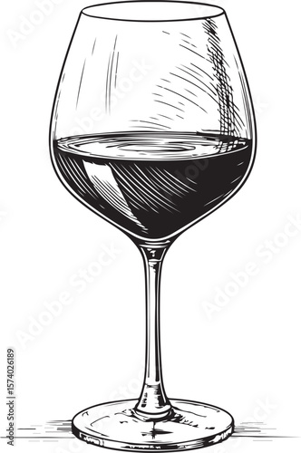 Red Wine Glass Wineglass Vector Illustration, Sketch Drawing Line Linear Symbol Icon Engraving Coloring Book, Hand-drawn Black and White Isolated