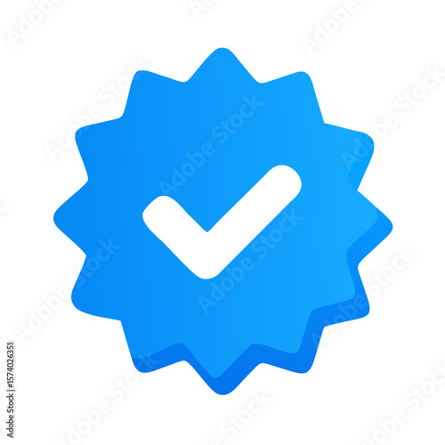 A blue verified badge with a white check mark isolated on white background signifies authenticity and approval