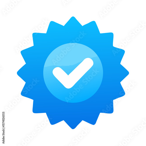A blue verified badge with a white check mark isolated on white background signifies authenticity and approval
