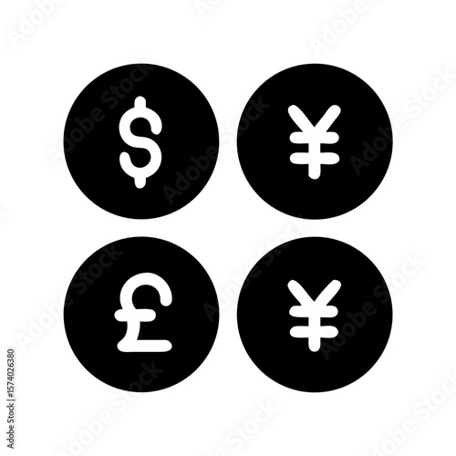 Four currency symbols including dollar, yen, and pound isolated on white background