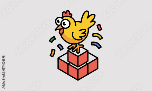 Cute Cartoon Chicken Celebrating on a Podium with Confetti