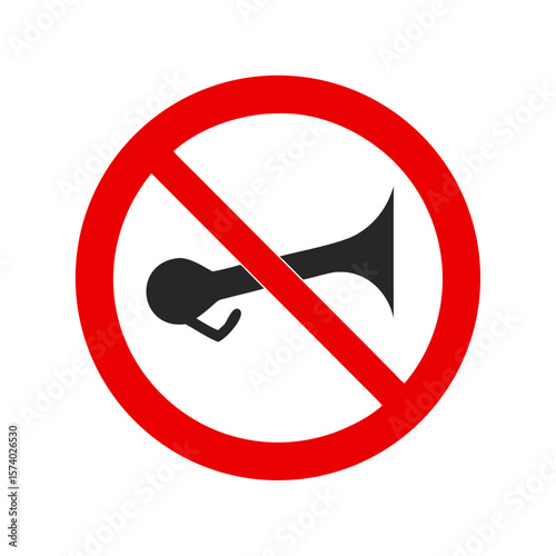 A red circle with a line through a horn, indicating no honking isolated on white background