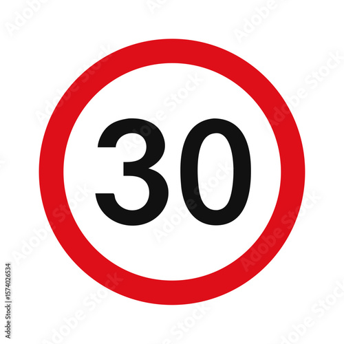A red circle with the number 30, indicating a speed limit of 30 isolated on white background
