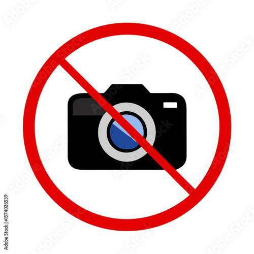 A red circle with a line through a camera, indicating no photography isolated on white background