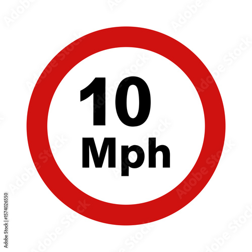 A standard speed limit sign displaying 10 mph isolated on white background, indicating a very low speed restriction