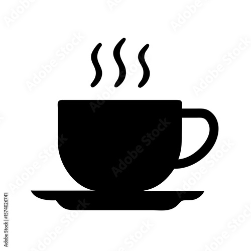 A black coffee cup icon with steam is isolated on white background, representing a hot beverage