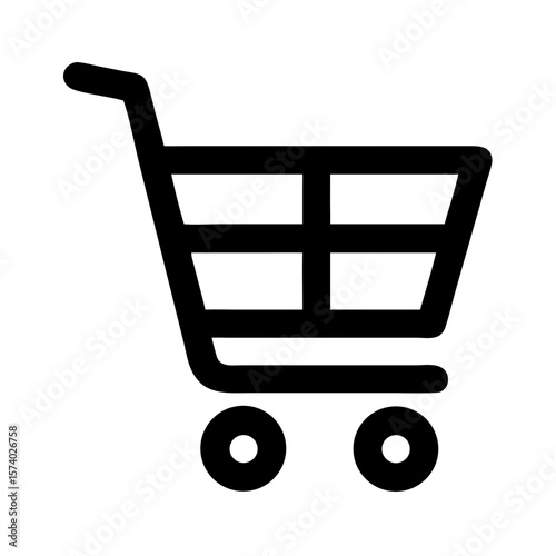 A black shopping cart icon isolated on white background represents retail commerce and online purchasing
