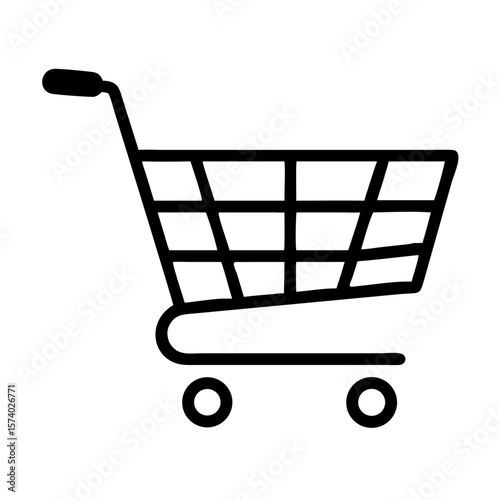 A black shopping cart icon isolated on white background symbolizes retail commerce and the act of purchasing goods