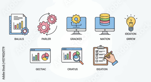 Illustration set depicting business analytics and data management with icons names