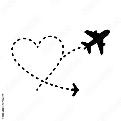 A black airplane flies along a dotted line forming a heart shape isolated on white background