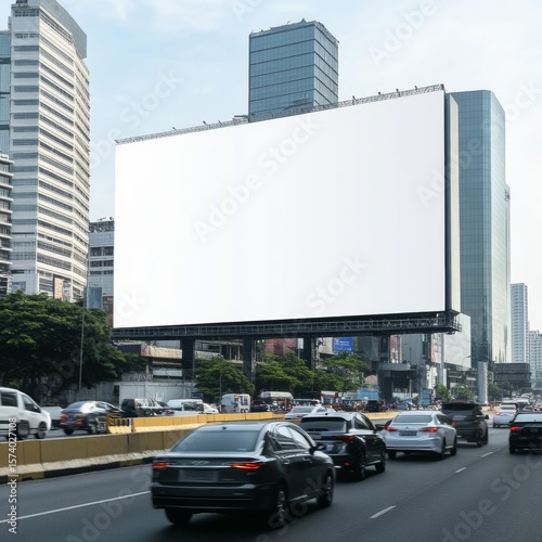 Blank billboard on busy city street with traffic and modern skyscrapers