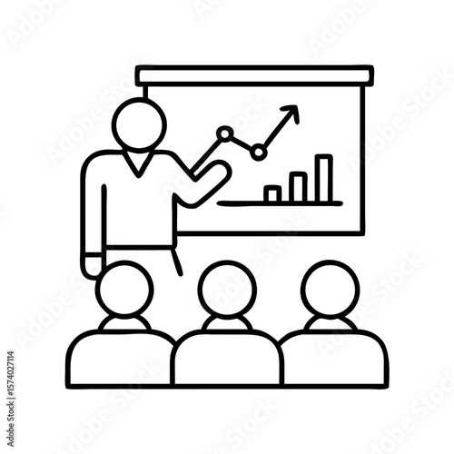 A business presentation with a speaker and audience shown isolated on white background