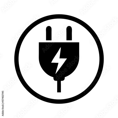 A black and white electric plug with lightning bolt symbol isolated on white background