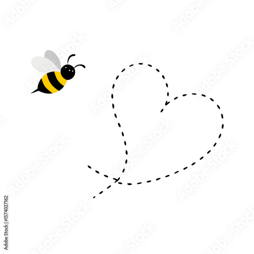 A cartoon bee is flying and leaving a dotted line in the shape of a heart isolated on white background