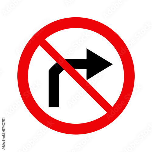 A red and white sign indicates no right turn is allowed isolated on white background