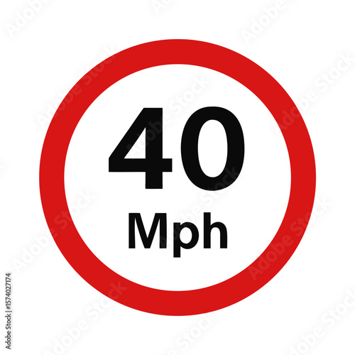 A circular road sign indicates a speed limit of 40 mph isolated on white background