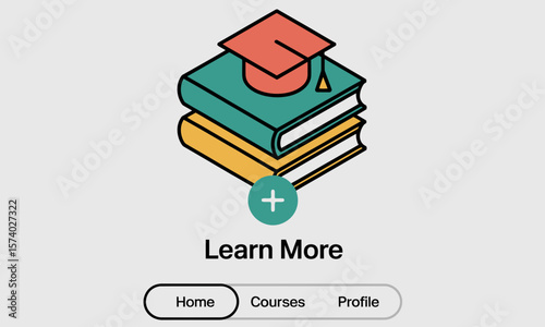 Digital Education Interface with Stacked Books, Graduation Cap, and Navigation Bar