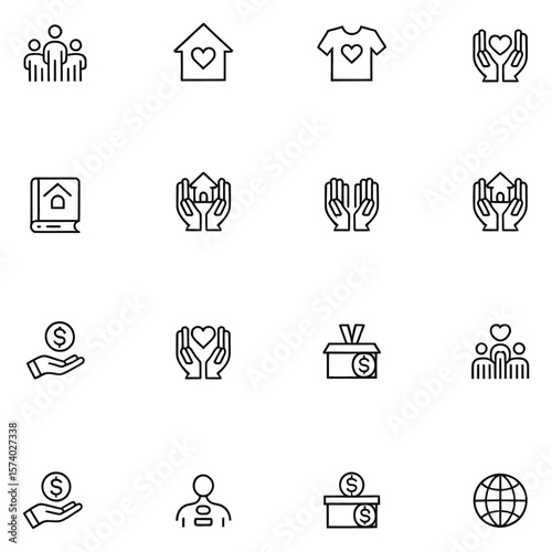 Charity and Donation Icons in Black Outline Style giving