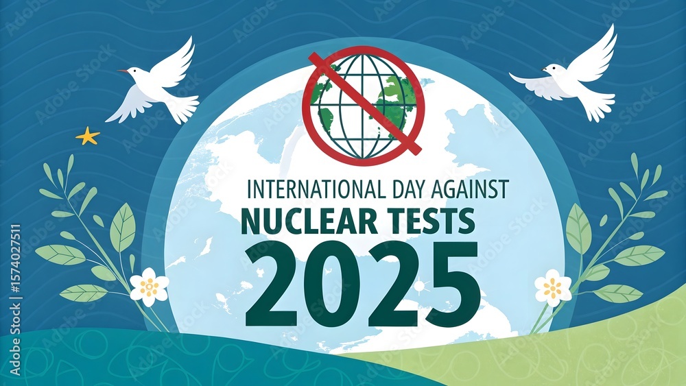 Naklejka premium International day against nuclear tests 2025 with doves and earth symbol
