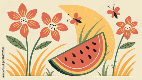 summer poster with cut out style flowers