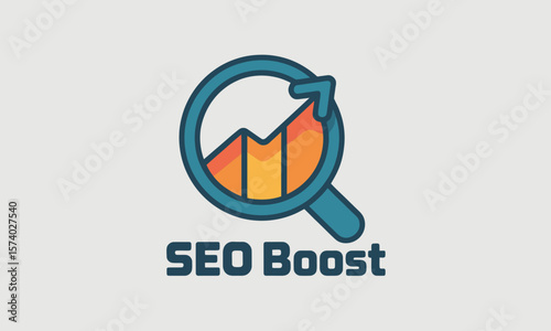 Digital Marketing SEO Boost Concept Icon with Magnifying Glass, Upward Chart, and Arrow for Business Growth
