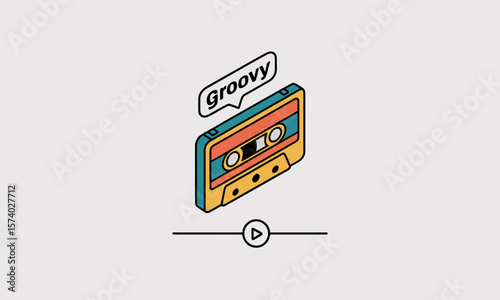 Retro Cassette Tape Isometric Icon with 'Groovy' Text and Playback UI