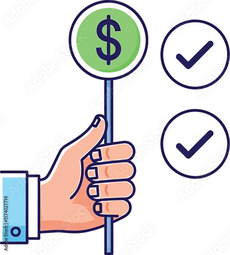 A hand holding a dollar sign paddle with two check mark circles next to it
