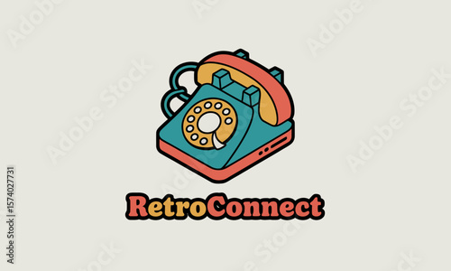 Retro Rotary Telephone Isometric Illustration in Teal and Orange, Vintage Communication Device Icon Design