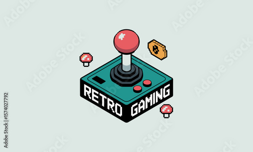 Isometric Retro Gaming Arcade Joystick Illustration with Pixel Art Elements and "Retro Gaming" Text