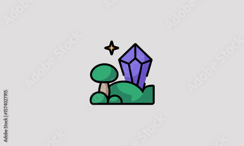 Stylized Fantasy Mushroom and Crystal Landscape Icon with Sparkle