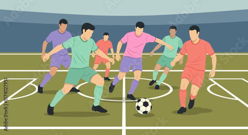 Male Soccer Players in Action on Green Field. Dynamic Football Game Illustration.