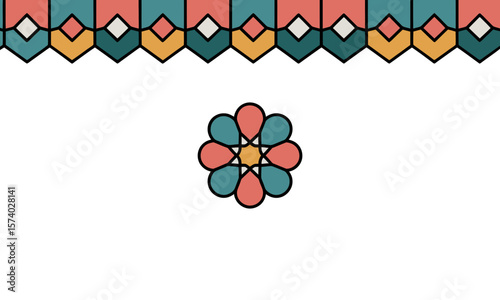 Abstract Geometric Pattern Border and Symmetrical Flower Motif. Decorative Vector Design Element.