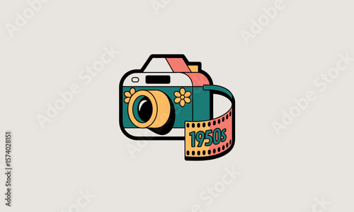 Retro 1950s Camera and Film Strip Illustration with Vintage Style
