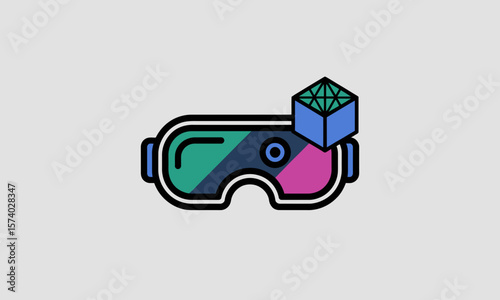 Virtual Reality Headset Icon with 3D Digital Content Cube
