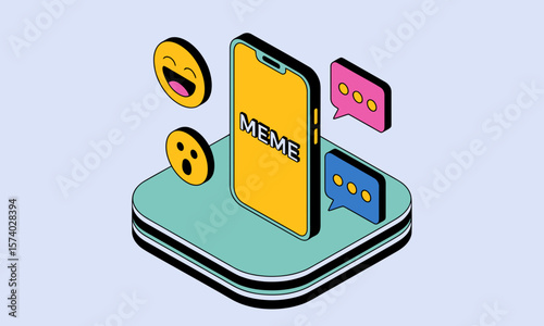 Digital Meme Culture Concept: Isometric Smartphone with Emojis and Chat Bubbles