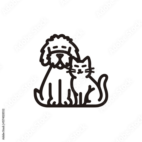 Dog and cat sitting together in outline drawing style  