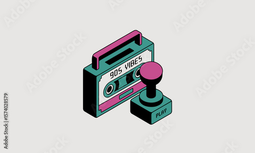 Cassette Tape and Joystick Representing 90s Nostalgia, Isometric Illustration, Retro Gaming Concept with Copy Space