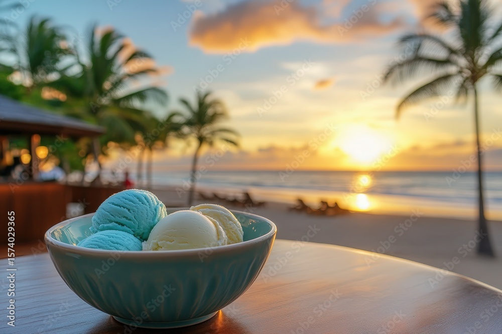Obraz premium Three scoops of ice cream on a beachside table at sunset.