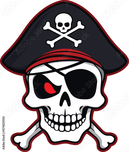 Pirate Skull with Tricorne Hat and Crossbones Emblem – Vector Illustration