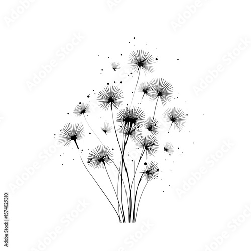 Black and white dandelion flowers with delicate seeds floating  