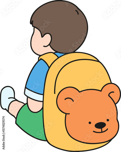 A boy sitting with his back to us, wearing a teddy bear backpack