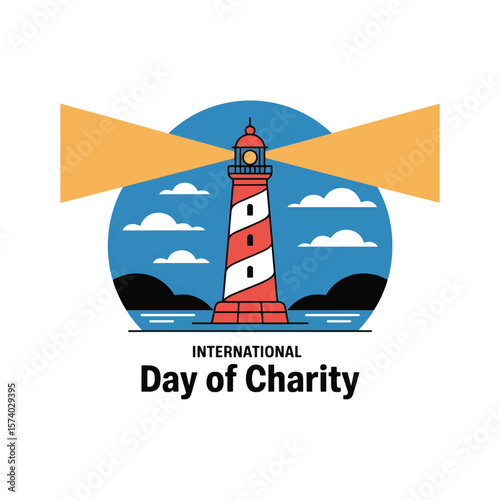 Lighthouse guiding beam across blue sky with clouds white stripes