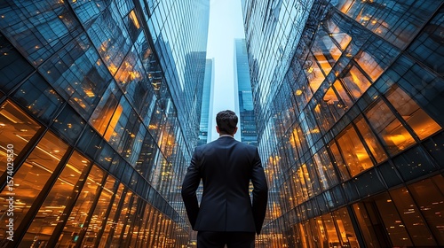Businessman admiring modern city skyline view.
