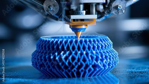 Close-up of Advanced 3D Printer Creating Intricate Blue Object with Precision Using Filament Material