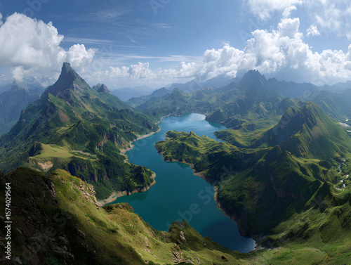 mountain landscape with lake and mountains