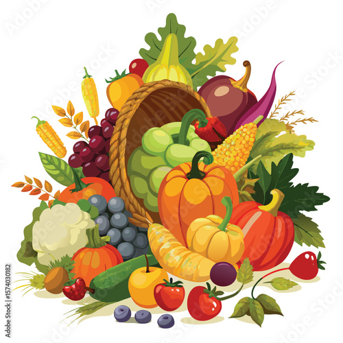 Freshly harvested autumn fruits and vegetables, like ripe pumpkins, red apples, and green leafy greens, create a healthy, organic food basket isolated on white