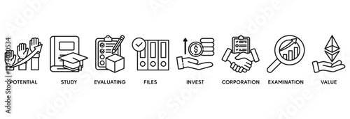 Due diligence icon set vector illustration concept relate to potential, study, evaluating, files, invest, corporation, examination and value