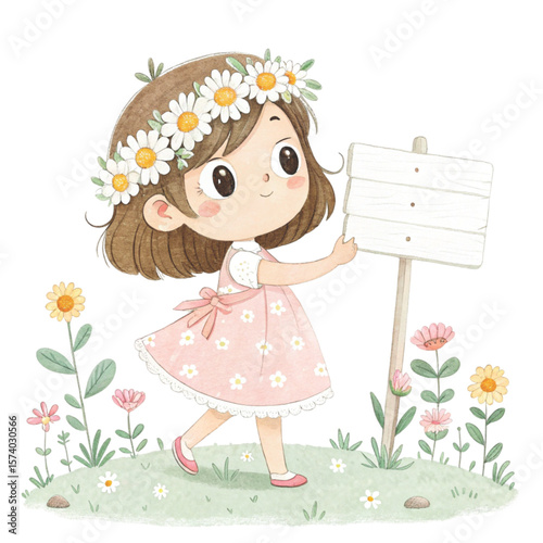 Cute girl wearing a flower crown  standing holding a white wooden sign Blank Clipart watercolor 