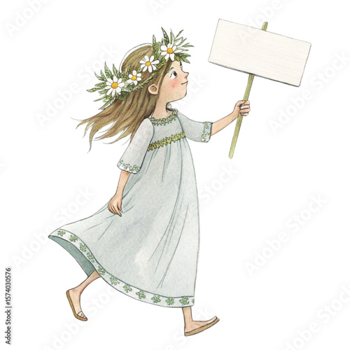 Cute girl wearing a flower crown  standing holding a white wooden sign Blank Clipart watercolor 