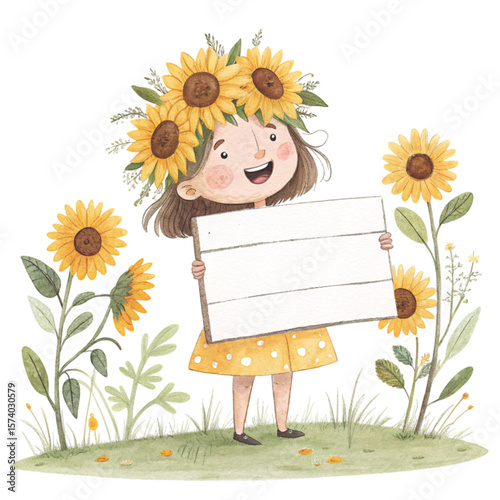 Cute girl wearing a flower crown  standing holding a white wooden sign Blank Clipart watercolor 